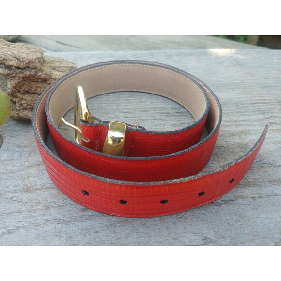 Vintage Red Leather Lizard Print Womans Belt By Calderon - Picture 7 of 10